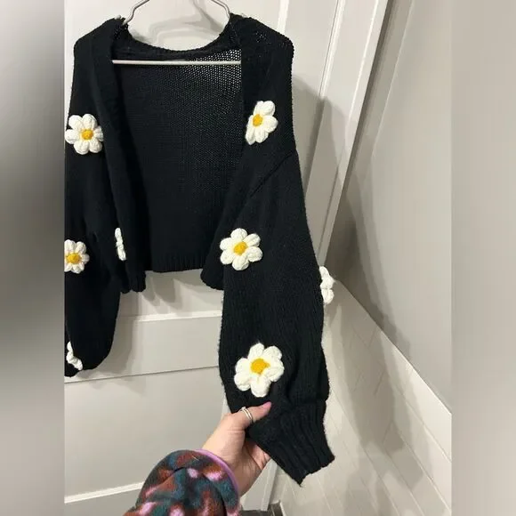Black Cardigan with Daisy Accents - Picture 5 of 7